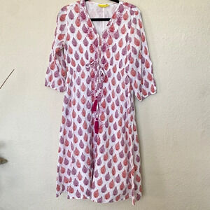 Roller Rabbit Cotton midi Dress in Floral Block Print tassels red white size‎ S